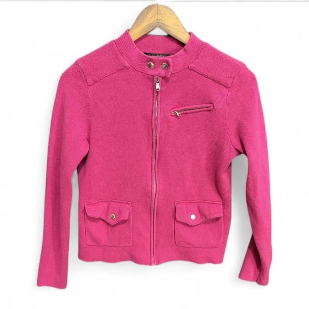 Lauren Ralph Lauren Moto Sweater Pink Knit Full Zip Mock Neck Cotton Medium‎